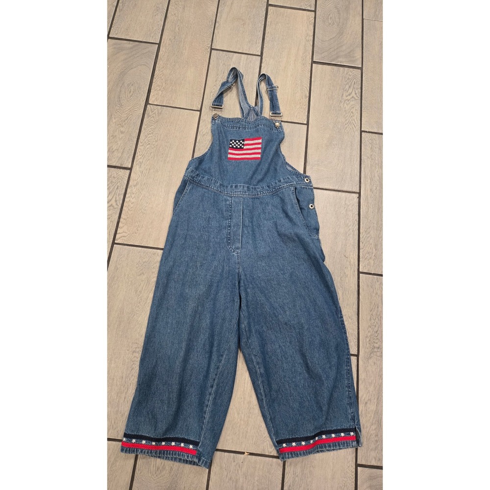 agapo Womens Medium Wash Denim Overalls American Flag Cross Stitch Wide Leg M